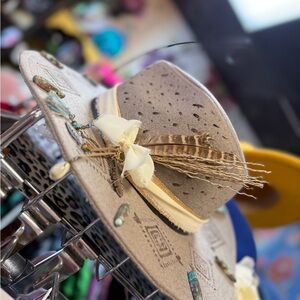 Beige Feathered Hat with Beaded Accents